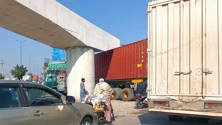 Container Truck Wedges Under New Charsadda Flyover