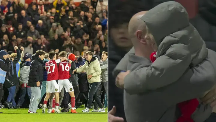 Fleetwood Manager Hugs Young Son As Fans Storm Pitch After Arsenal Upset